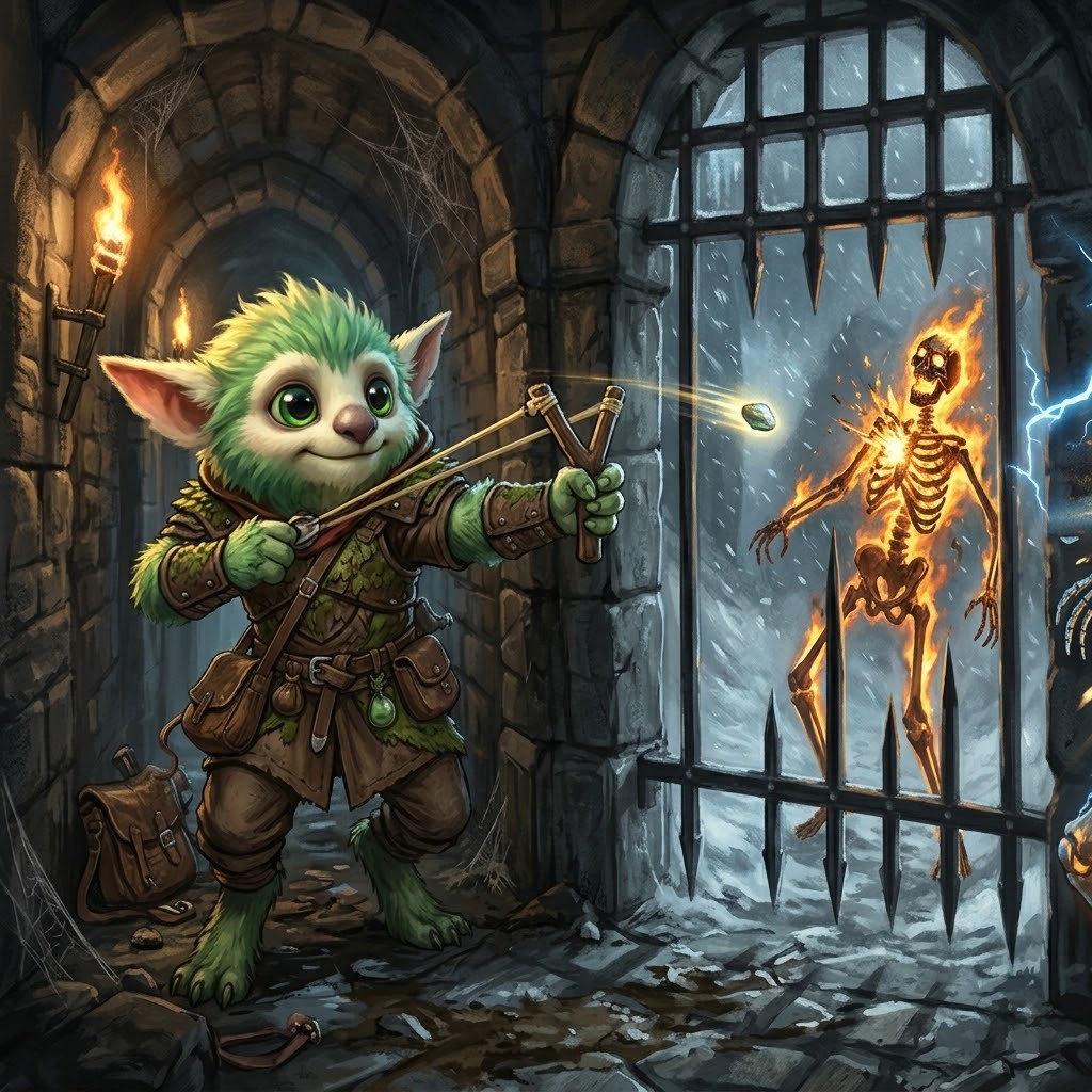 Kakariki Blasts Flaming Skeleton with Pebble.png