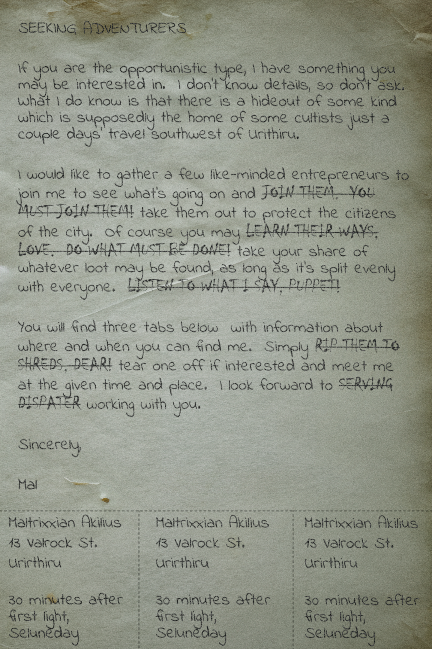 Maltrixxian Cultist Hideout Letter.png